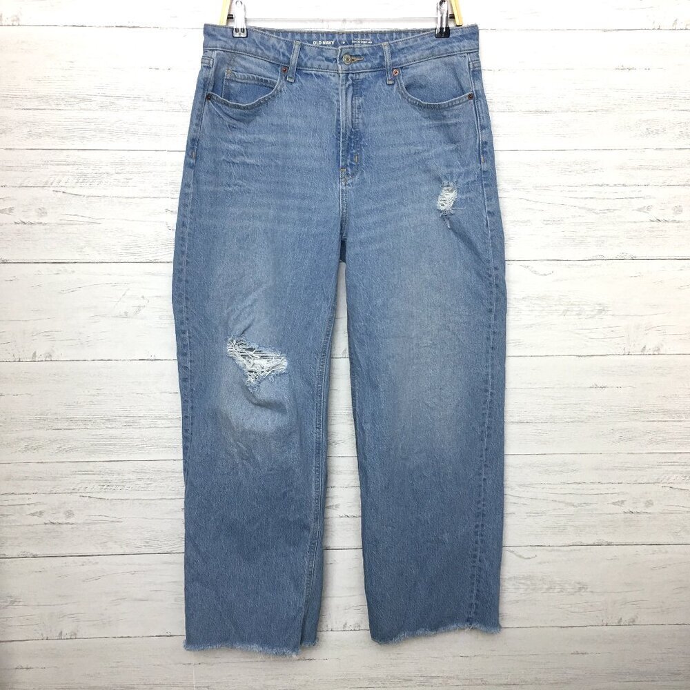 Old Navy Sky High Wide Leg Jeans Distressed Frayed Hems size 10 length 29"